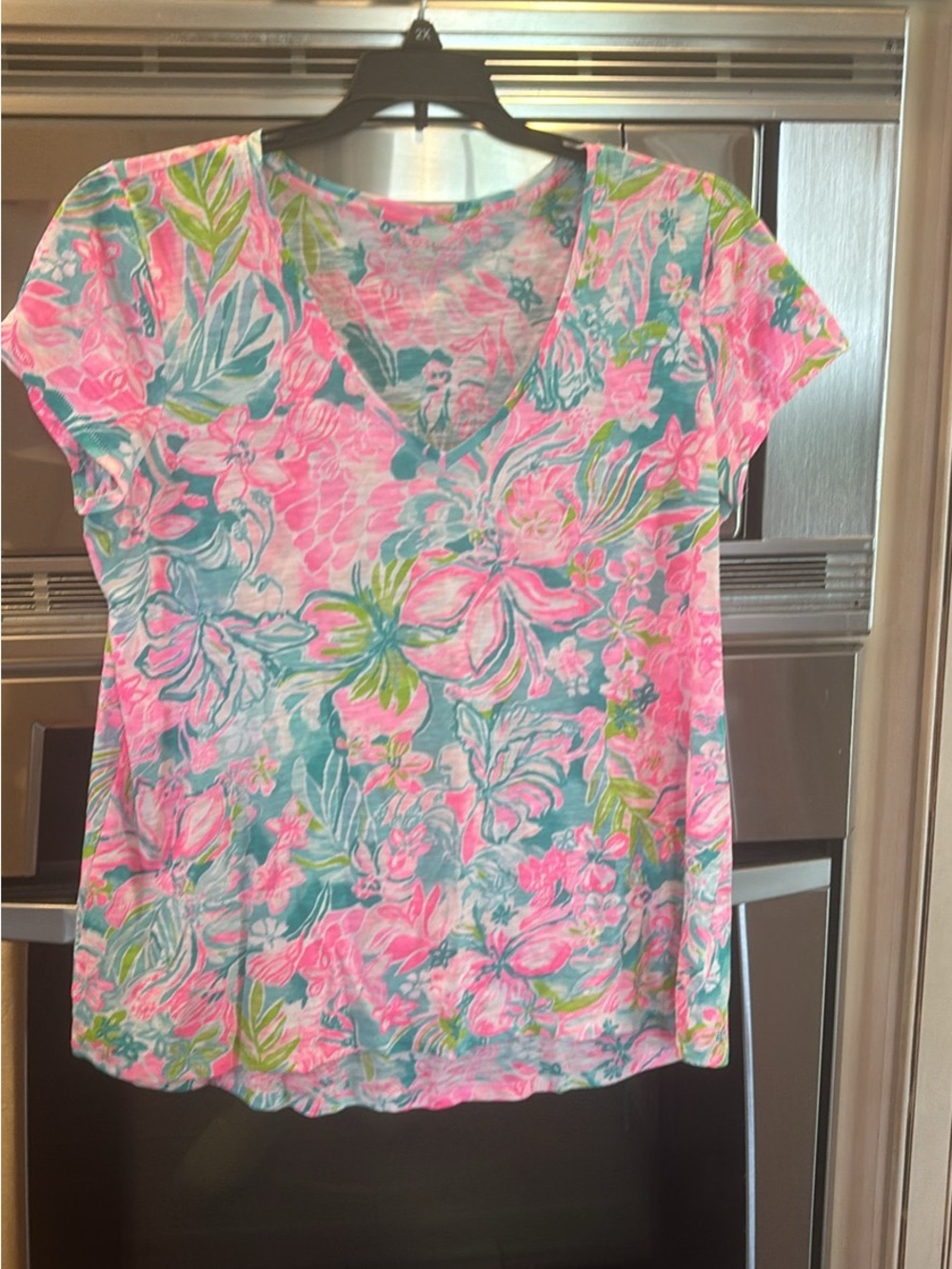 Lilly Pulitzer Pink & Teal Floral V-Neck Short Sleeve Top